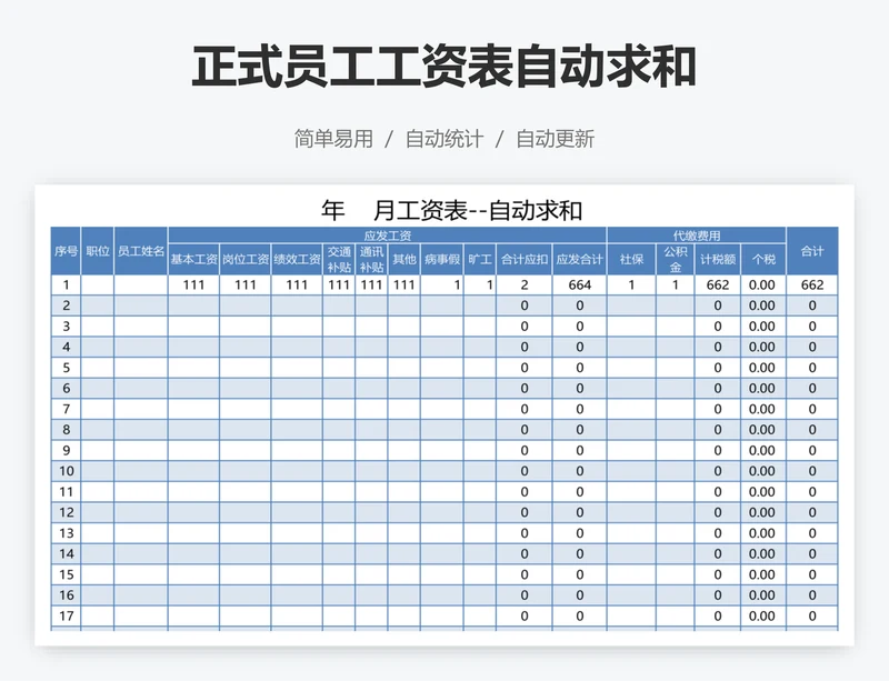 正式员工工资表自动求和