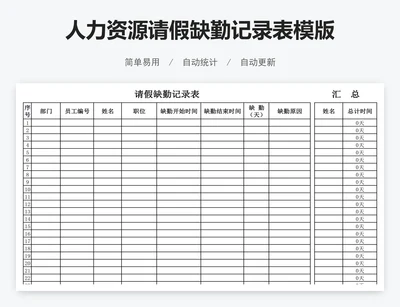 人力资源请假缺勤记录表模版
