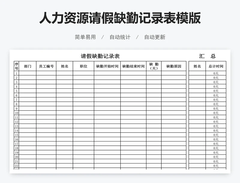 人力资源请假缺勤记录表模版