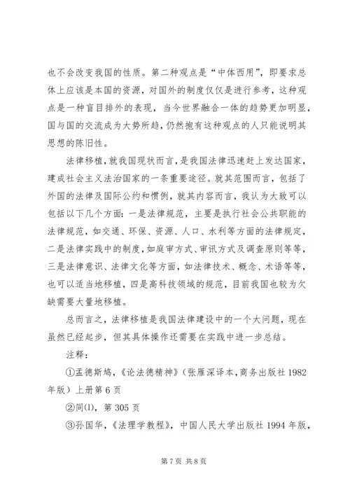 关于我国的法律移植问题浅探演讲范文.docx