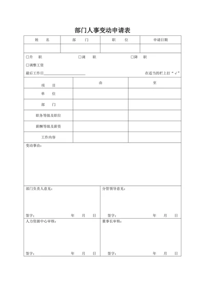 部门人事变动申请表