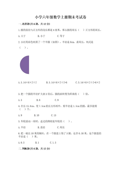 小学六年级数学上册期末考试卷（能力提升）wod版