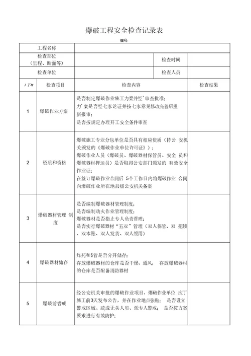 爆破工程安全检查记录表