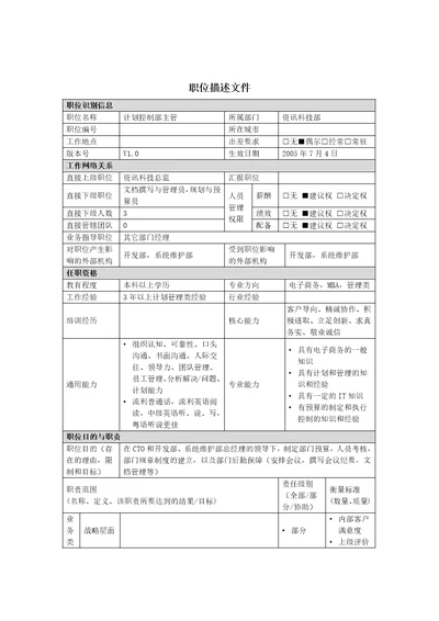 计划控制部主管岗位说明书2页