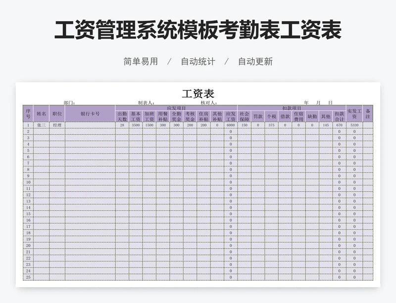 工资管理系统模板考勤表工资表模版