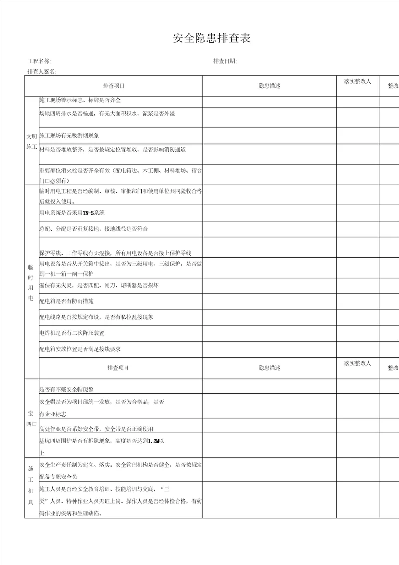 施工现场安全隐患排查表