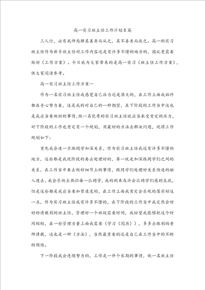 高一实习班主任工作计划5篇