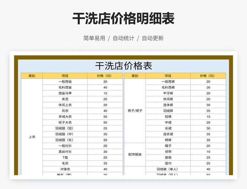 干洗店价格明细表