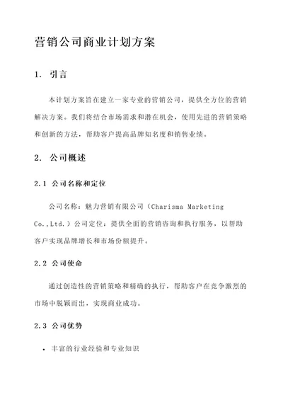 营销公司商业计划方案