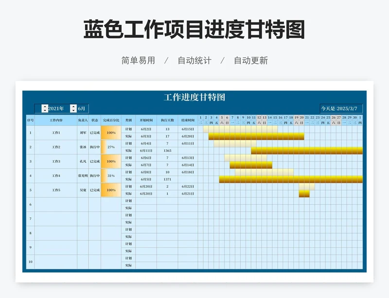 蓝色工作项目进度甘特图
