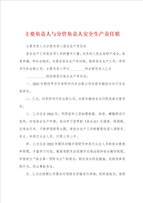 主要负责人与分管负责人安全生产责任状