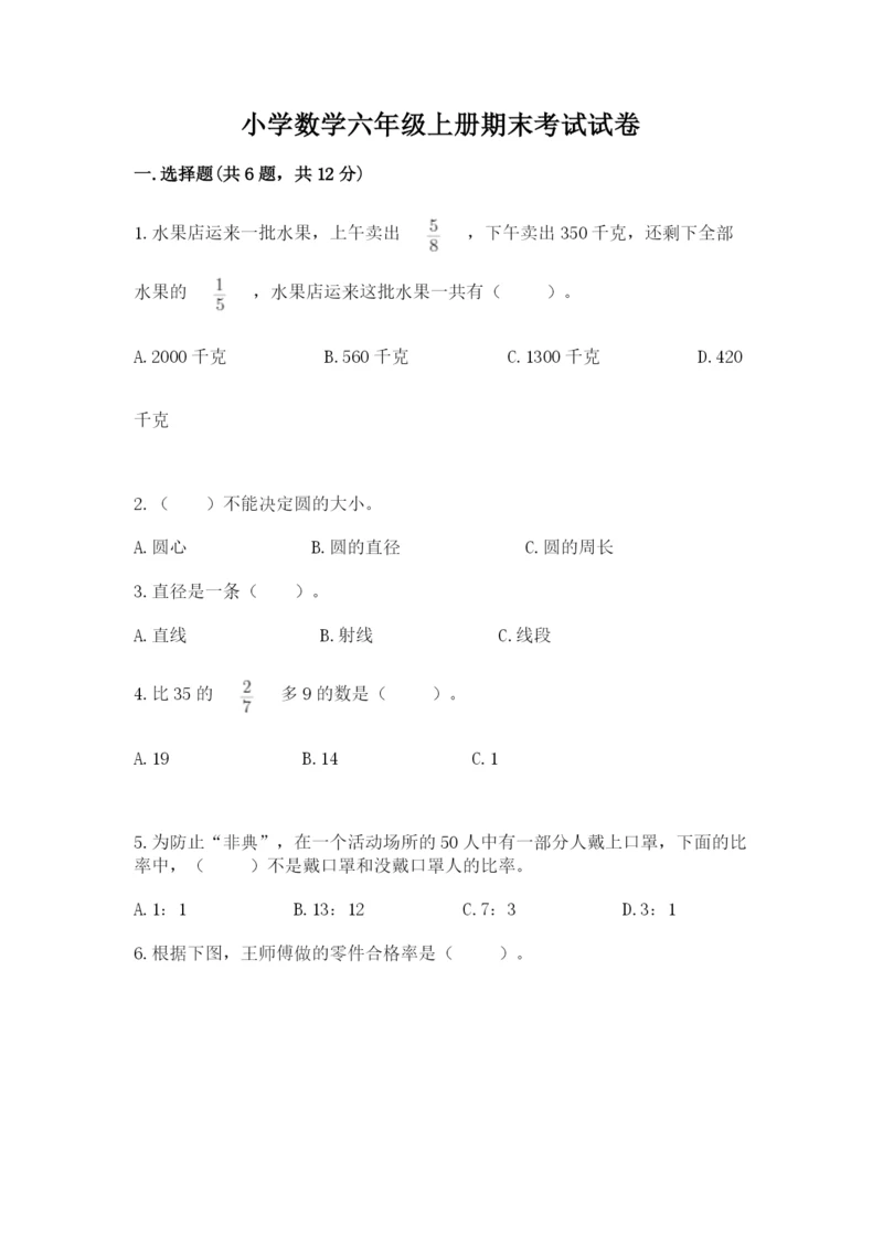 小学数学六年级上册期末考试试卷及参考答案（夺分金卷）.docx