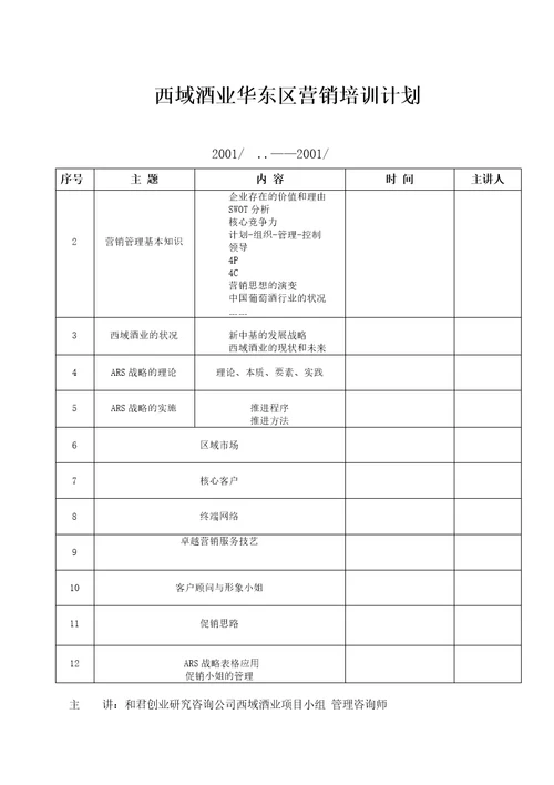 和君创业—上海西域酒业项目培训—培训计划2