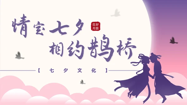 粉紫色插画风七夕文化PPT模板