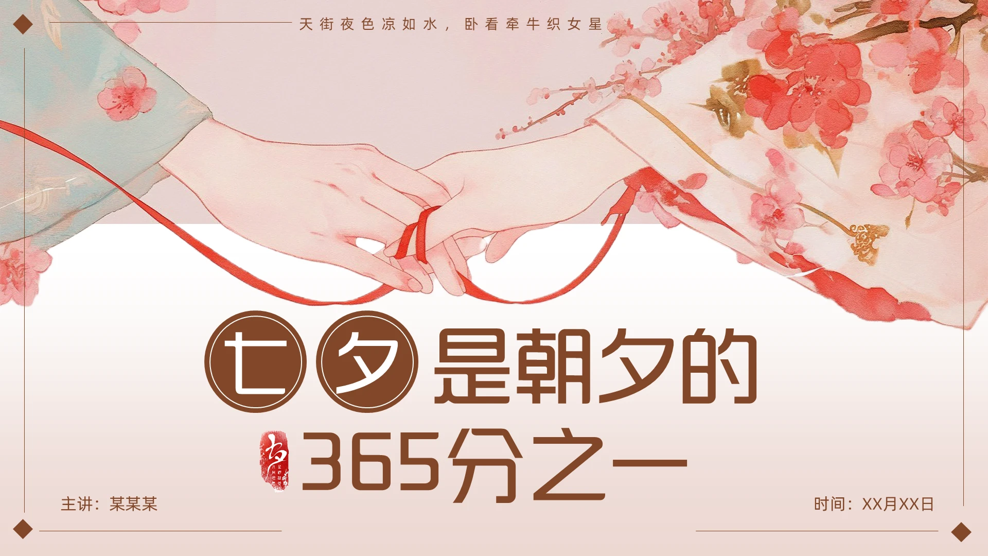 粉色插画古风七夕节日介绍PPT模板