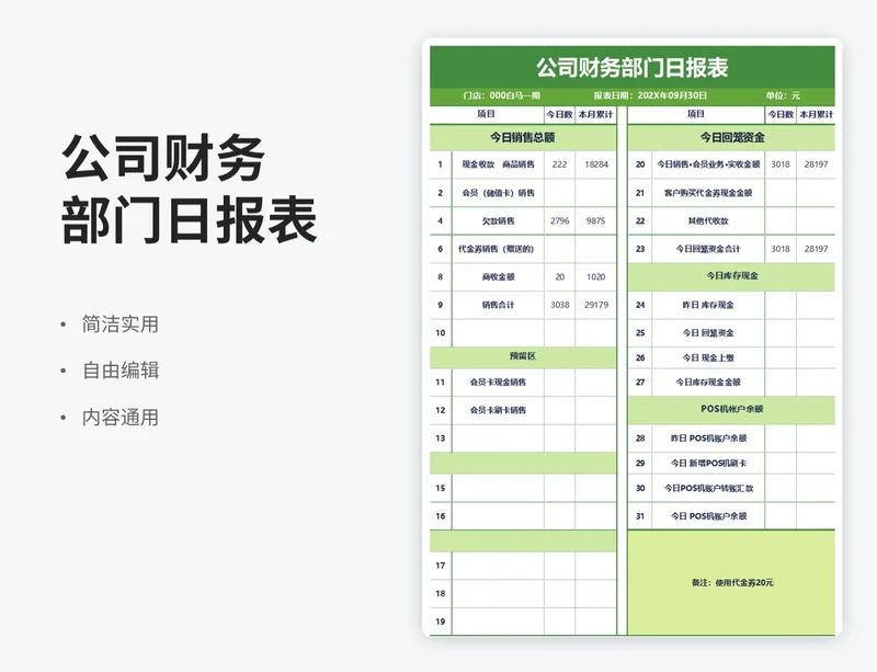 简约风公司财务部门日报表