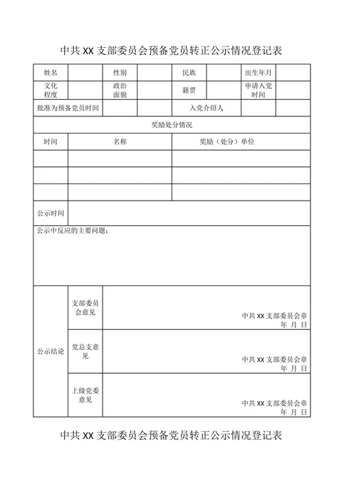 预备党员转正公示情况登记表