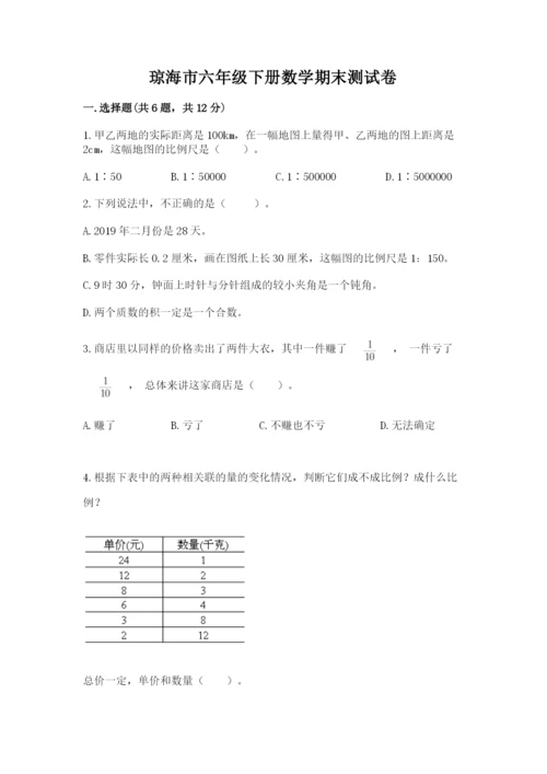 琼海市六年级下册数学期末测试卷精品含答案.docx