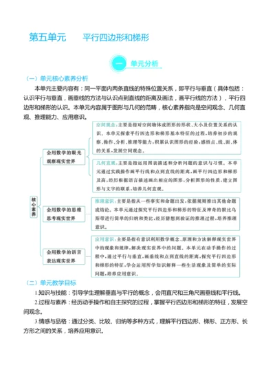 （大单元整体教学）第五单元 平行四边形和梯形 单元分析（表格式）教学设计 人教版 四年级上册数学