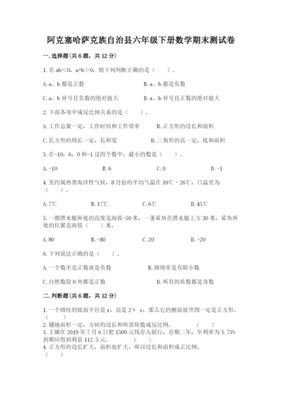 阿克塞哈萨克族自治县六年级下册数学期末测试卷带答案.docx