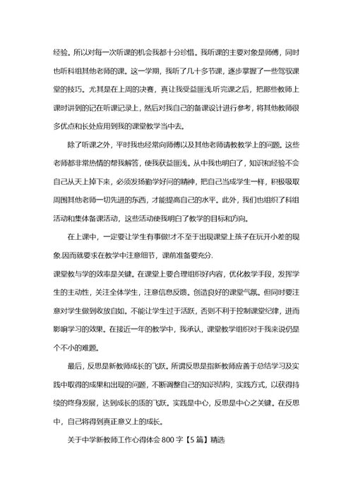 关于中学新教师工作心得体会800字5篇