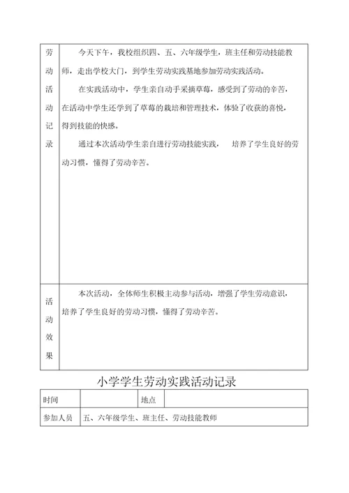 小学学生劳动实践活动记录文本