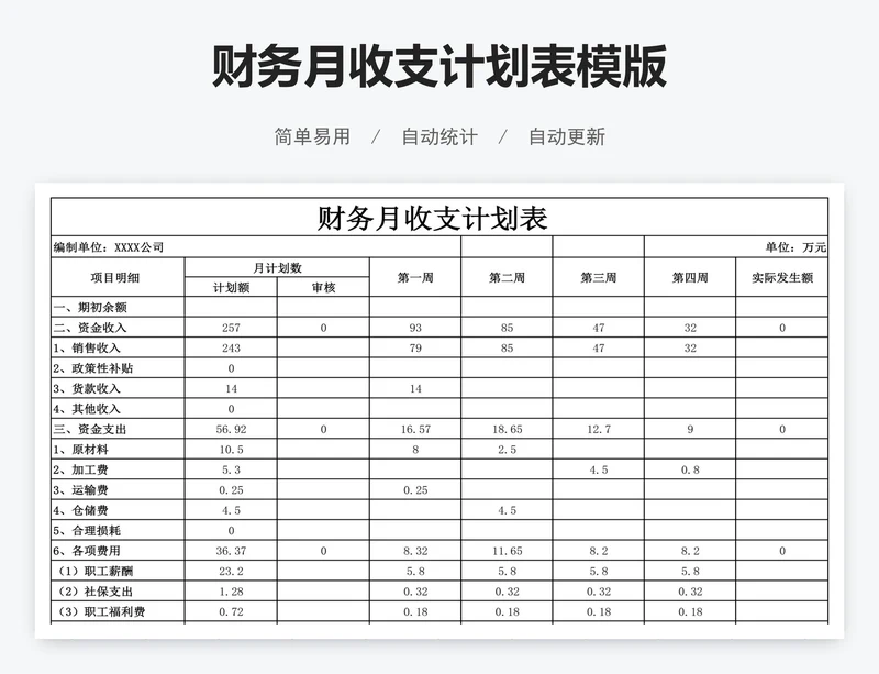 财务月收支计划表模版