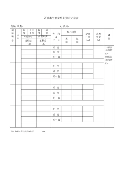 四等水准测量外业观测记录表和内业计算表