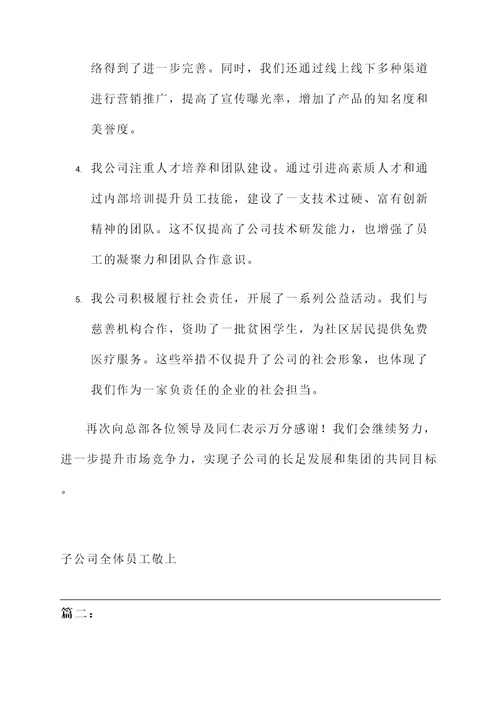 子公司向集团汇报工作总结