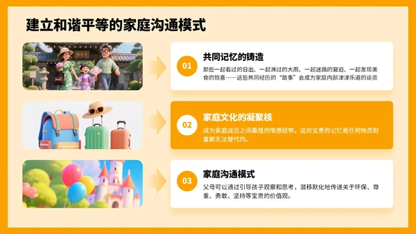 橙色3D风国庆亲子游攻略PPT模板