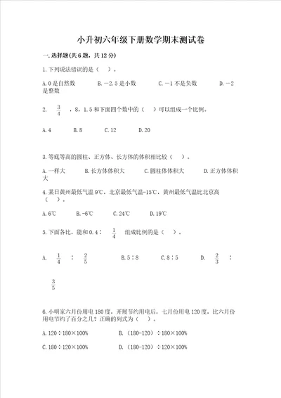 小升初六年级下册数学期末测试卷精品【夺冠系列】