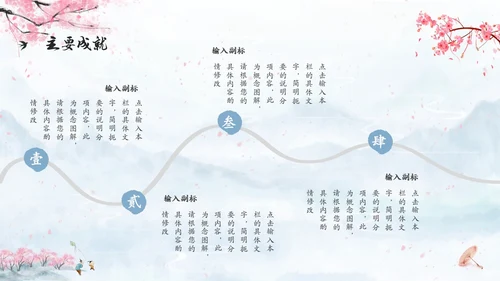 水彩水墨中国风扇子粉色花卉人物介绍通用PPT