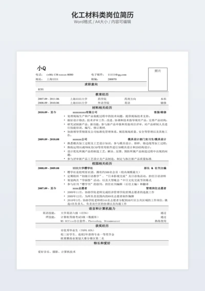 化工材料类岗位简历