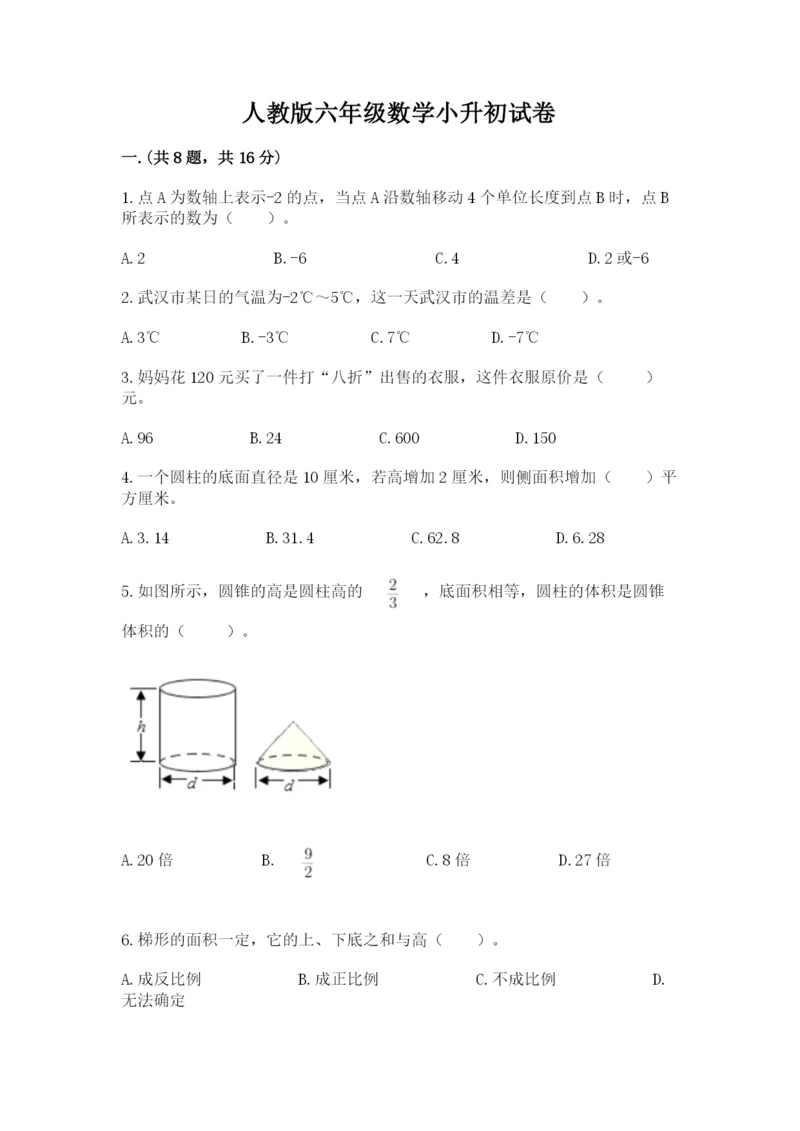 人教版六年级数学小升初试卷【全优】.docx