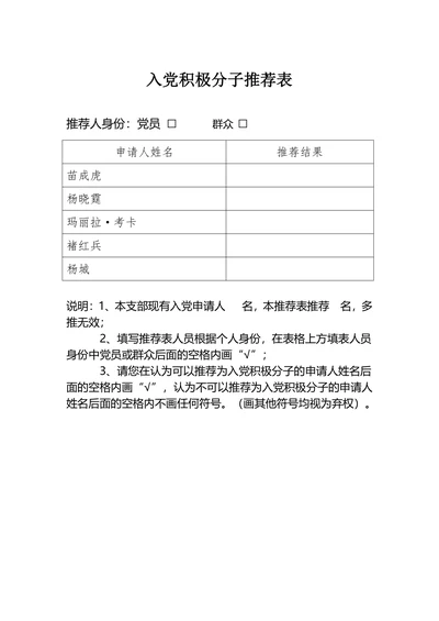 入党积极分子推荐表