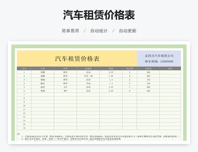 汽车租赁价格表