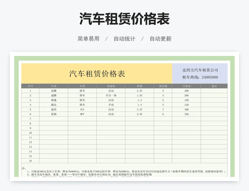 汽车租赁价格表