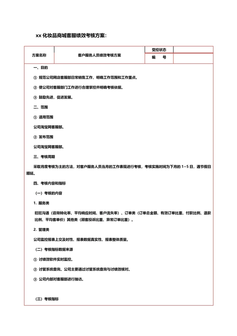 xx化妆品商城客服绩效考核方案.docx