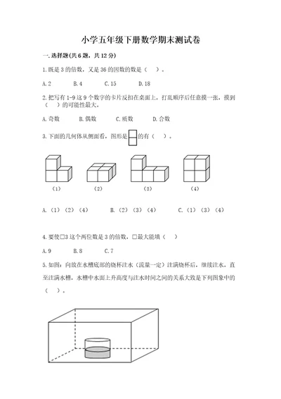 小学五年级下册数学期末测试卷带答案（培优b卷）