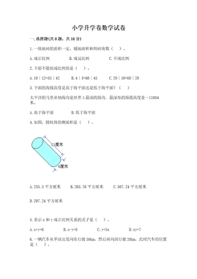 小学升学卷数学试卷附答案（培优a卷）