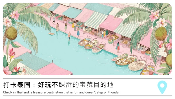 蓝粉色插画风泰国旅游攻略PPT模板