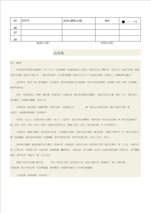 部门质量记录清单