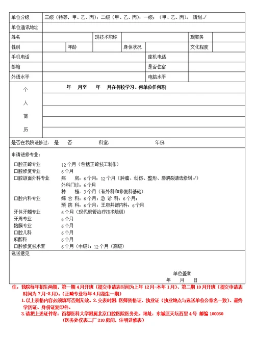 北京口腔医院进修人员申请表-首都医科大学附属北京口腔医院