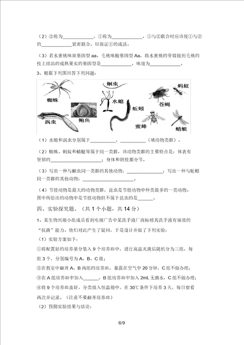 2021年冀教版八年级生物上册期末考试一套