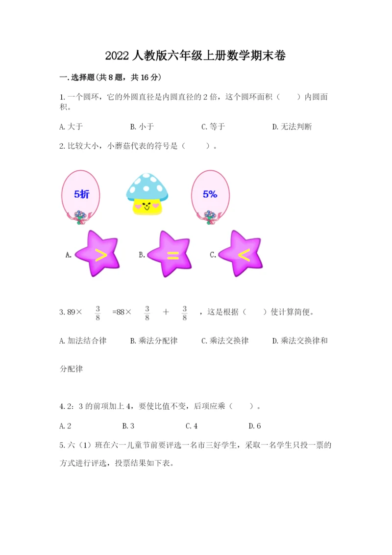 2022人教版六年级上册数学期末卷【重点】.docx