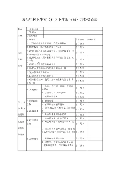 2022年村卫生室社区卫生服务站监督检查表