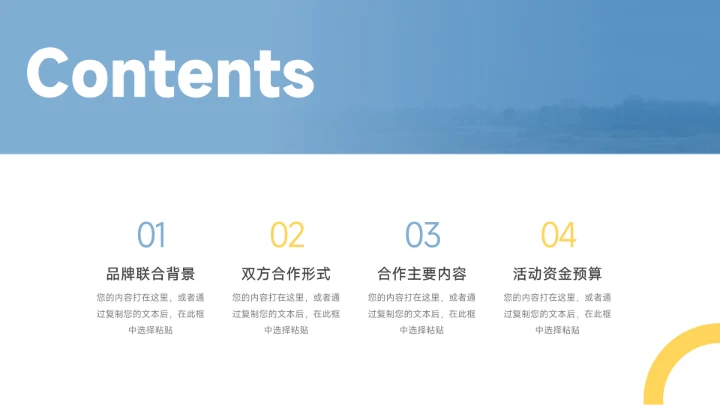 黄蓝画册图文展示品牌合作PPT模板