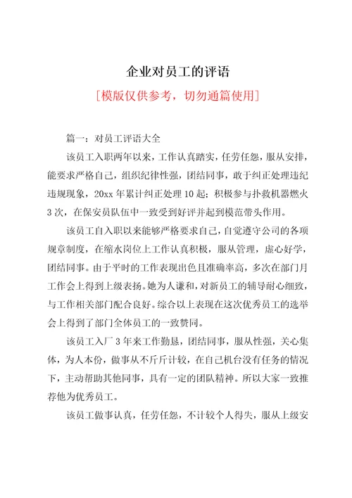 企业对员工的评语