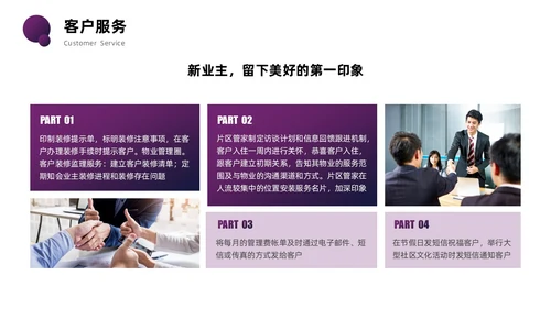 紫色圆圈简约商务风物业管理品质提升PPT模板员工培训