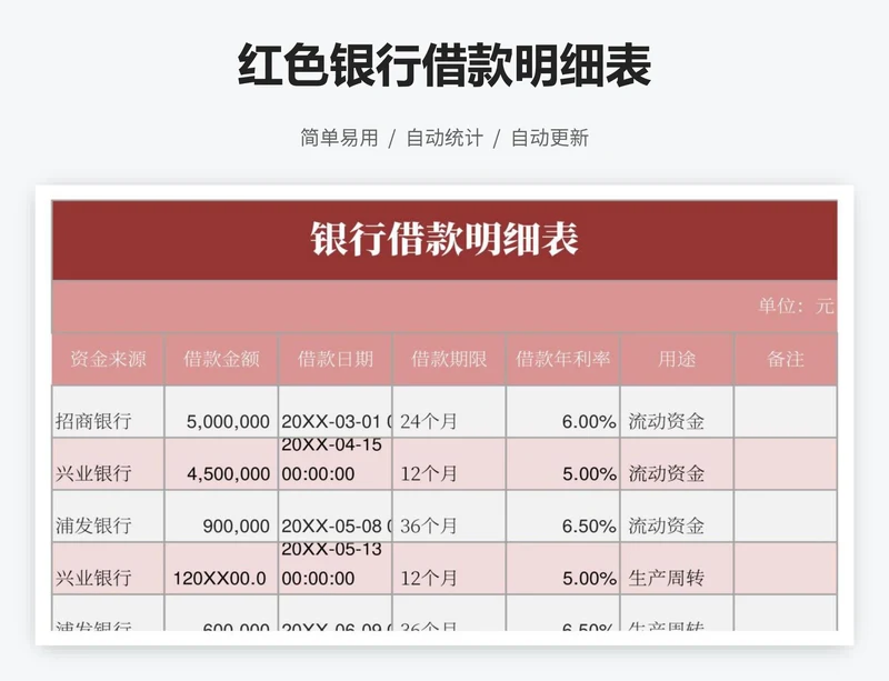 红色银行借款明细表